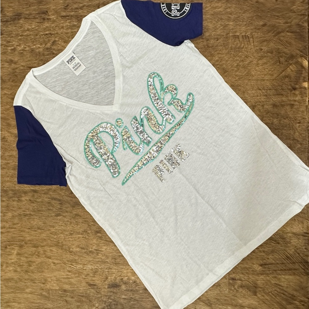 Victoria’s Secret Pink💕HTF V-Neck Bling Logo Varsity Color Block Tee L NWTS💕